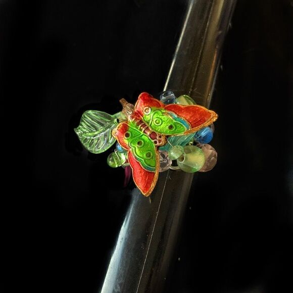 Vintage Artist made Cloisonné butterfly crystal wire ring sz11 - Picture 2 of 8